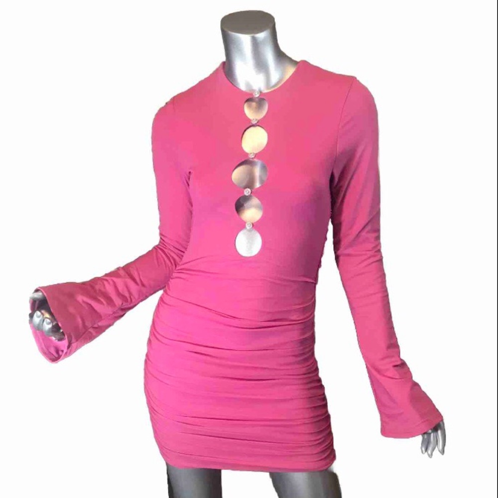 Oh Polly Chest Cutout Sexy Slim Long Bell Sleeve Dress Pink Rhinestones XS SMALL